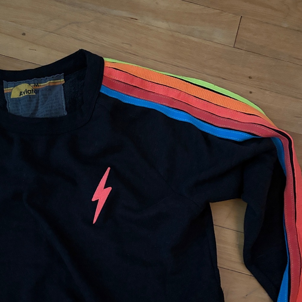 Aviator Nation Women’s Cropped Sweatshirt with Neon Rainbow Stripes - Picture 3 of 4